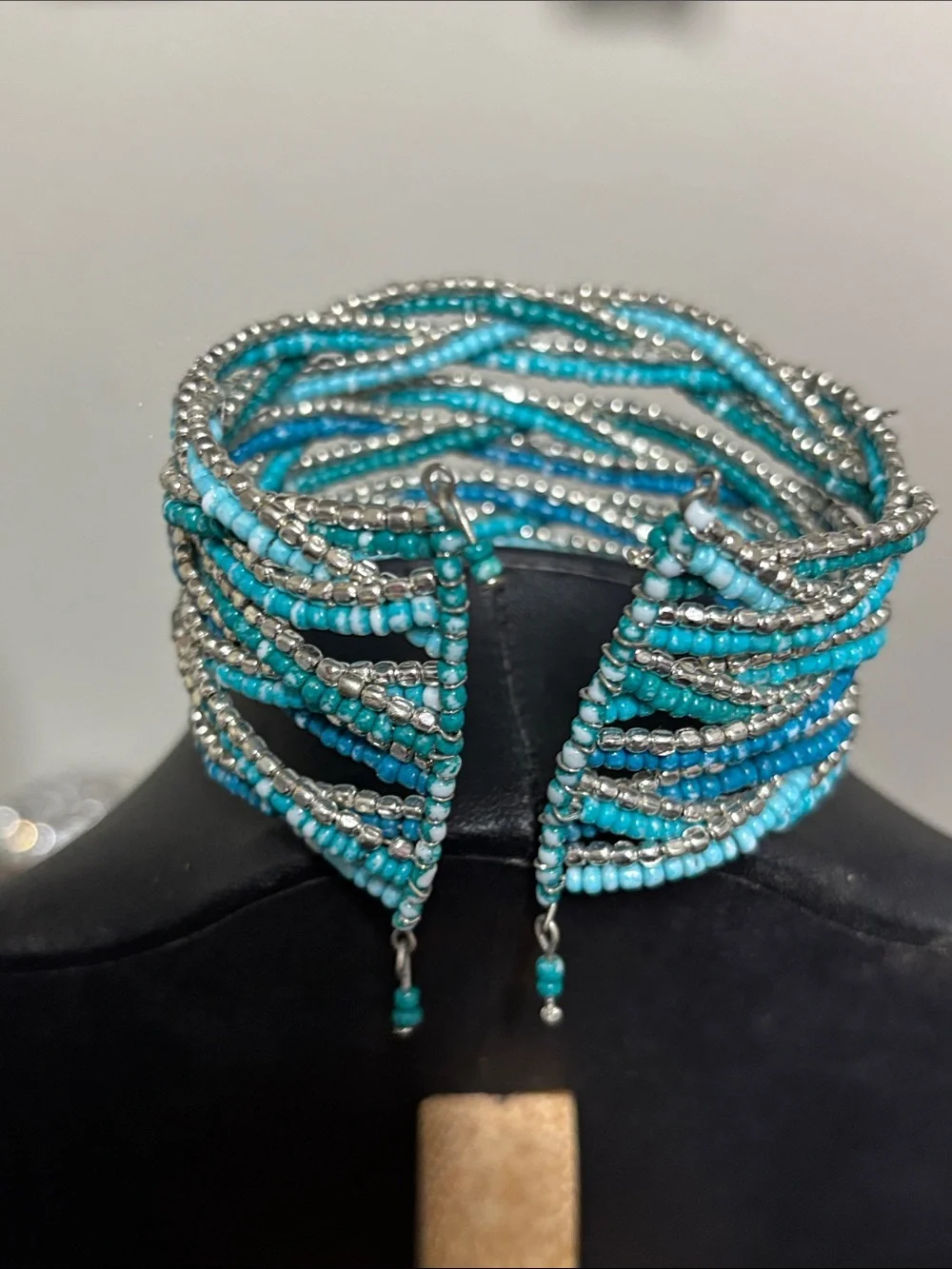 Boho Western Turquoise Multi-Row Beaded Cuff Bracelet - Women Jewelry